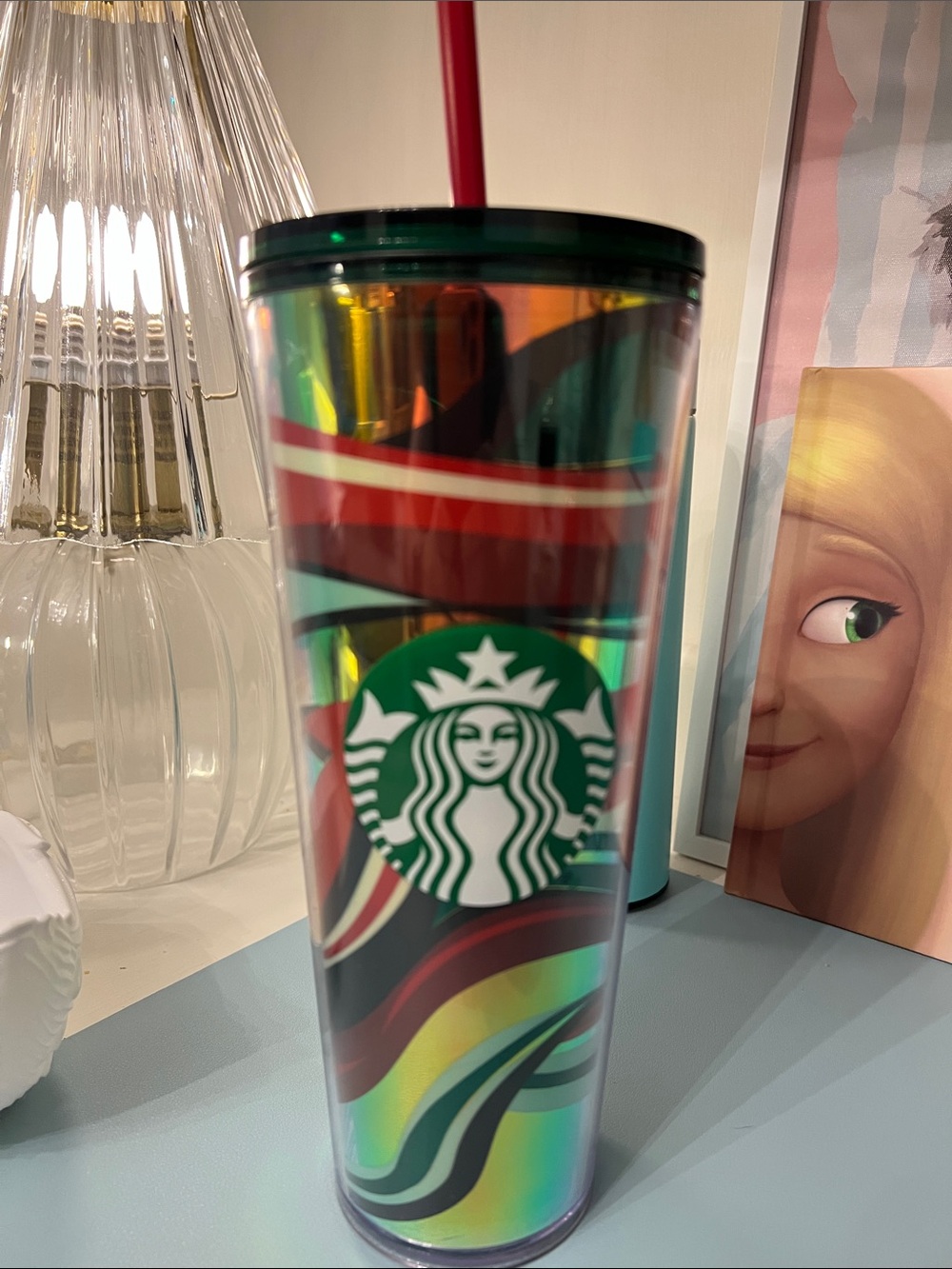Starbucks Iridescent Multicolor Swirl Tumbler with Green Logo and Red Straw